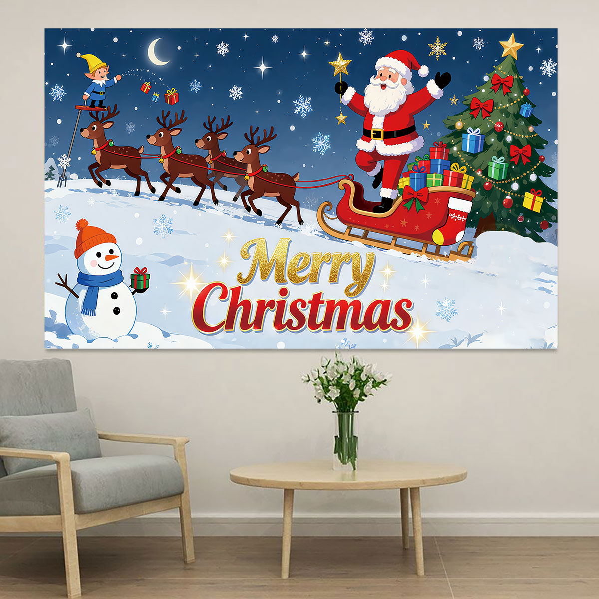 Snowflake Window Decal - クリスマスエルフサンタのそりウォールステッカー1枚、自己粘着PVCデカール、メリークリスマスツリー、雪だるま、雪の結晶の壁画、リビングルーム用