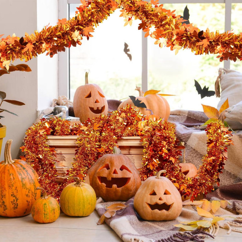 Tinsel Garland Decoration - 2個入り 感謝祭 秋の紅葉ティンセルガーランド オレンジ色の秋の箔ティンセルストリーマー 収穫祭 ホームドア