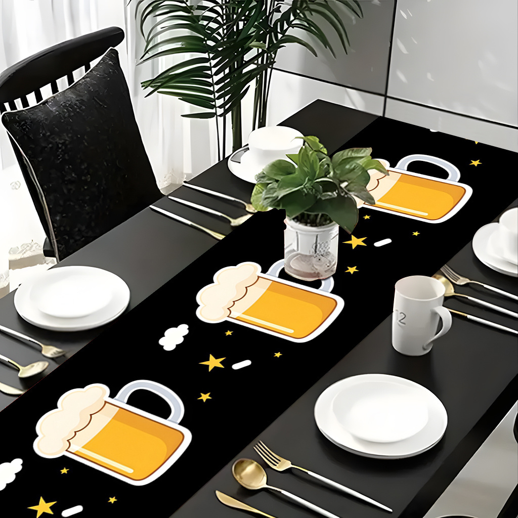 Christmas Table Runner - 1pc 2D フラットプリントテーブルランナービールマグパターンテーブルクロスポリエステル生地ホリデータブルカバー誕生日パーティーの装飾