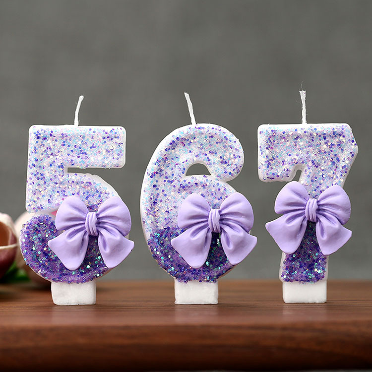 Holiday Candle Set - クリエイティブグリッター段階的な紫のリボン0-9数字バースデーキャンドル - 手作りスパンコールケーキパーティーデコレーション用品