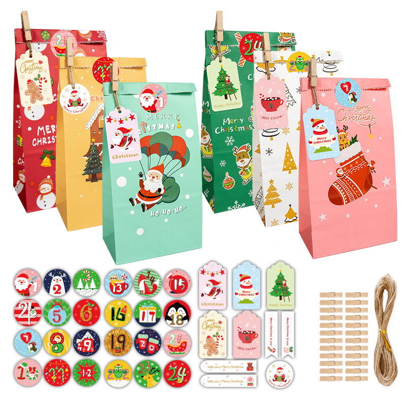 Advent Calendar Gift - 24セット アドベントカレンダー クリスマスギフトバッグ サンタクロース トリートバッグ クリップ・ステッカー・タグ付き