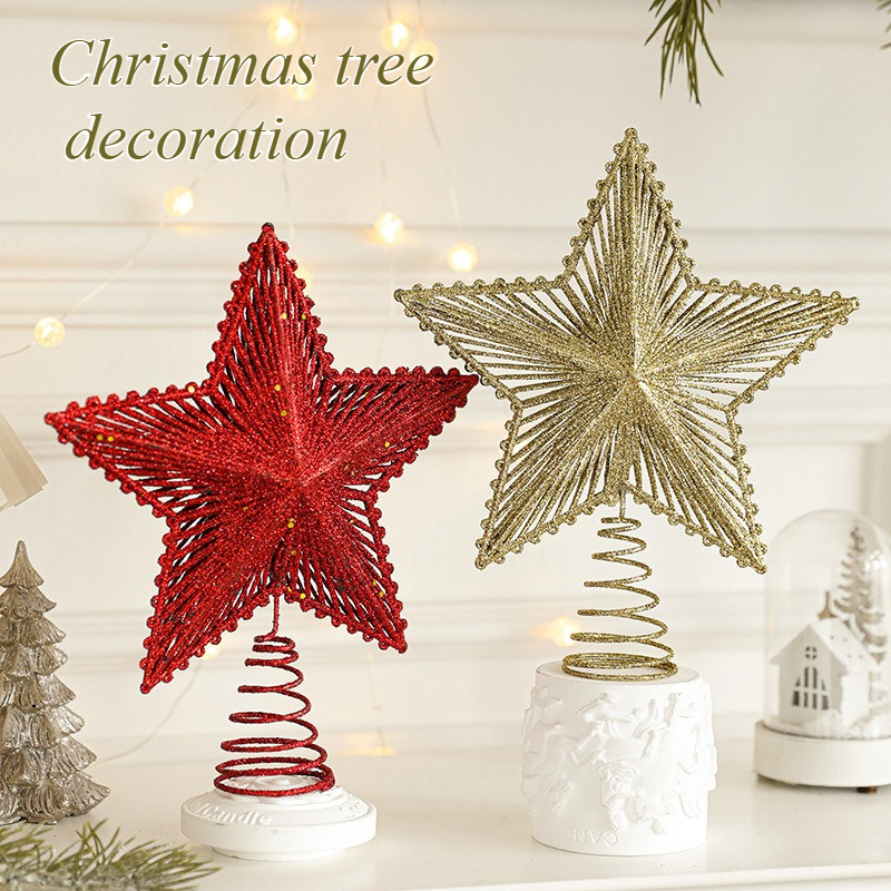 Star Tree Topper - クリスマスツリートッパースター（コイルベース付き）1個、グリッター中空鉄製、クリスマスパーティー、ホームデコレーション、新年のホリデーギフト、赤と金