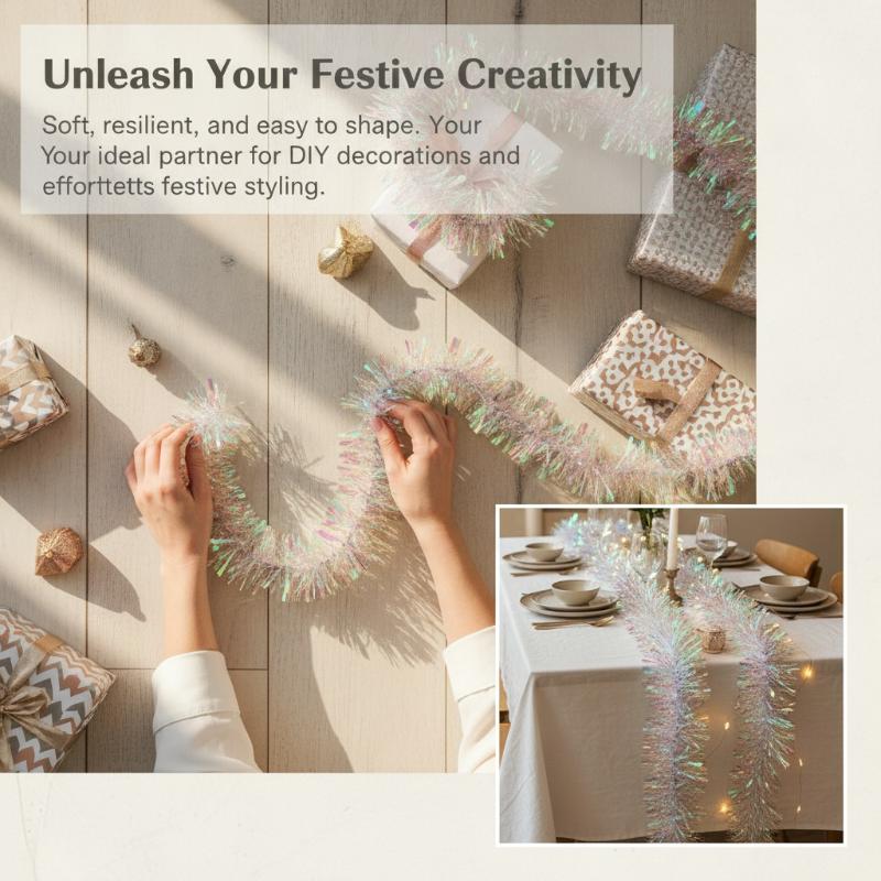 ライトグリーンの虹色ホログラフィックティンセルガーランド、光 - Tinsel Garland Decoration のレビューと価格