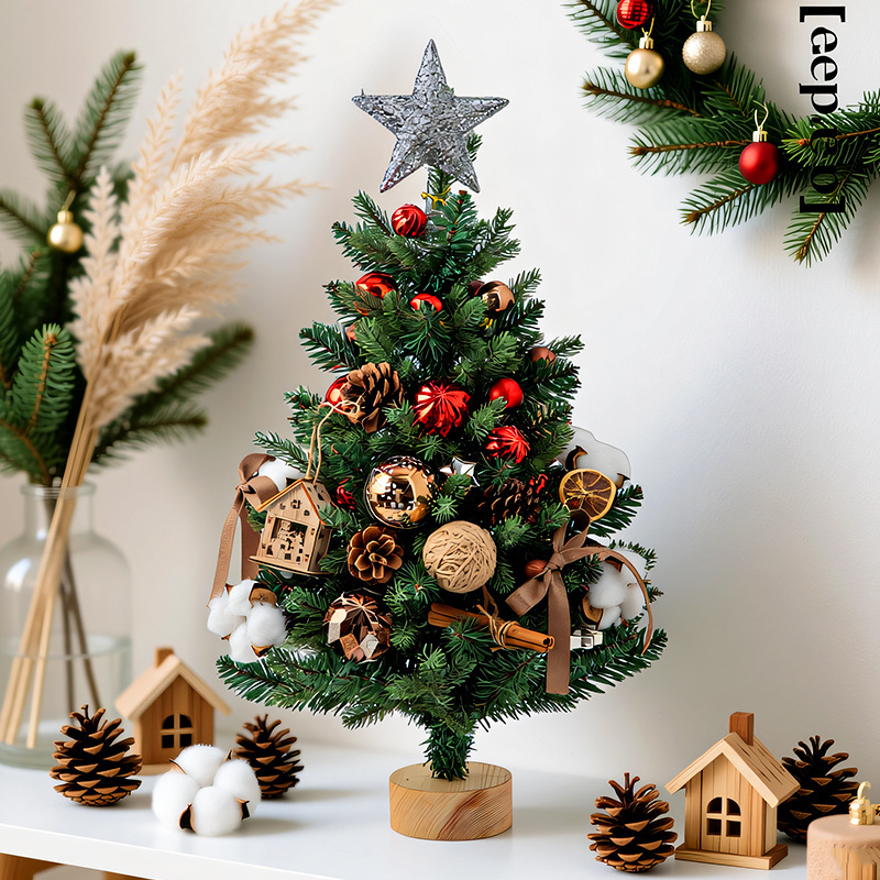 ミニ人工卓上クリスマスツリー、オーナメント付き、木製ベース、 - Star Tree Topper のレビューと価格