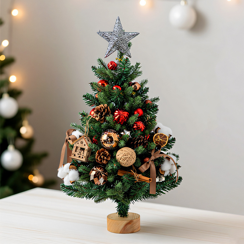 ミニ人工卓上クリスマスツリー、オーナメント付き、木製ベース、 - Star Tree Topper のレビューと価格
