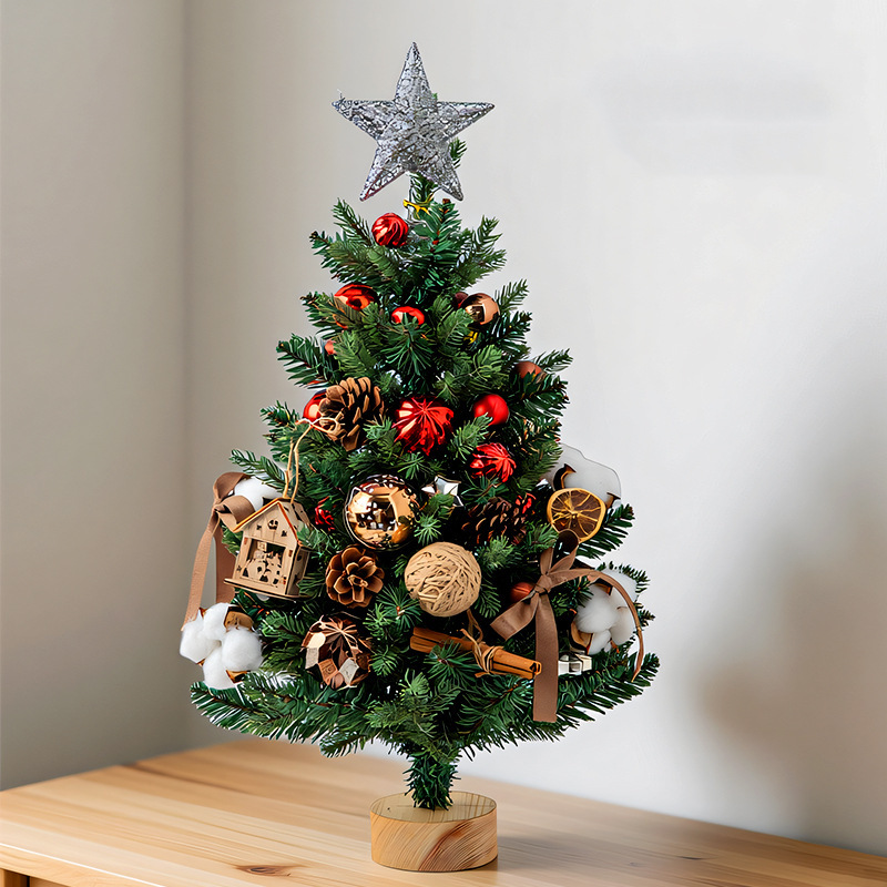 ミニ人工卓上クリスマスツリー、オーナメント付き、木製ベース、 - Star Tree Topper のレビューと価格