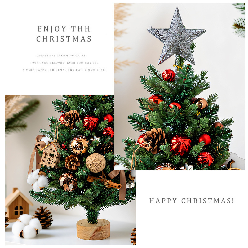 ミニ人工卓上クリスマスツリー、オーナメント付き、木製ベース、 - Star Tree Topper のレビューと価格